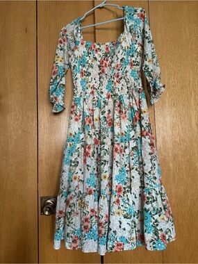 Baltic Born Floral Midi Dress in Teal, Coral, Yellow on White